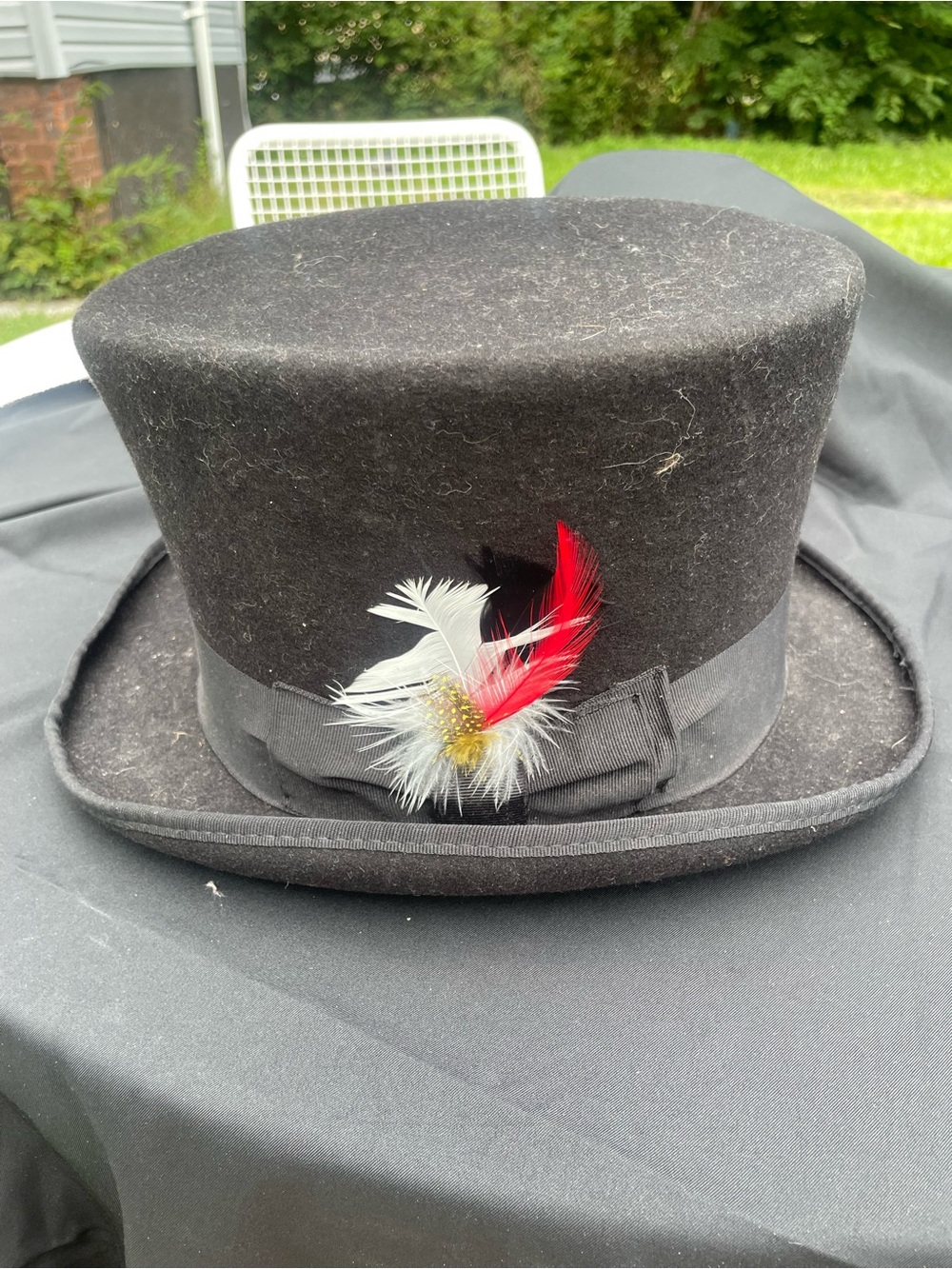 Black Felt Top Hat with Feather Trim
